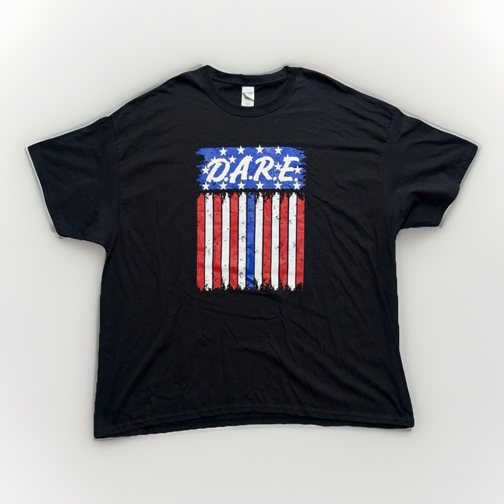 DARE Mens 3XL American Flag Thin Blue Line Graphic Tee Black Gildan Americana